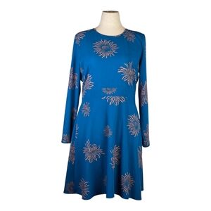 LOFT Blue Floral Long Sleeve A-Line Dress Size 12 Abstract Print Work